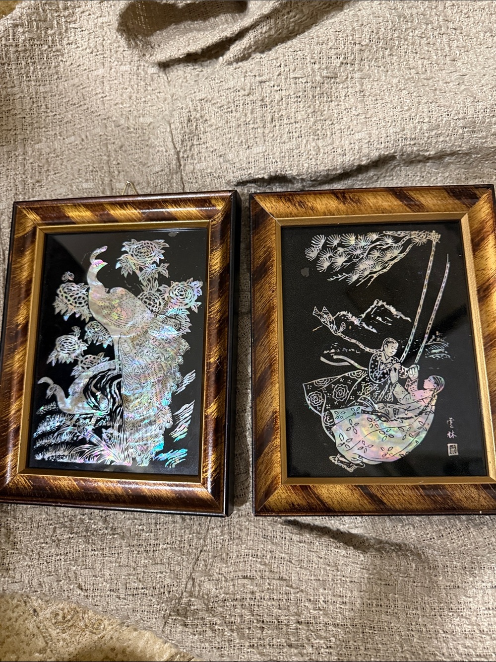 Lot of 2 Vintage Mother of Pearl Lacquered Panel: Feng Shui Wall Art